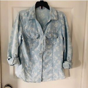 BONGO chambray floral Pearl clasp Y2K denim cotton jean shirt Size medium